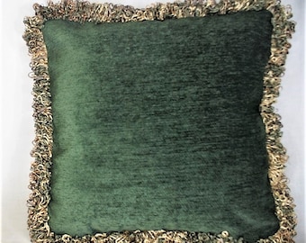 large custom green gold chenille fringe pillow for sofa or chair handmade in usa
