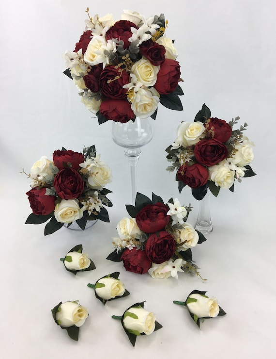 Set of 3 Artificial Orange /& Cream Rose and Gypsophila Bouquets
