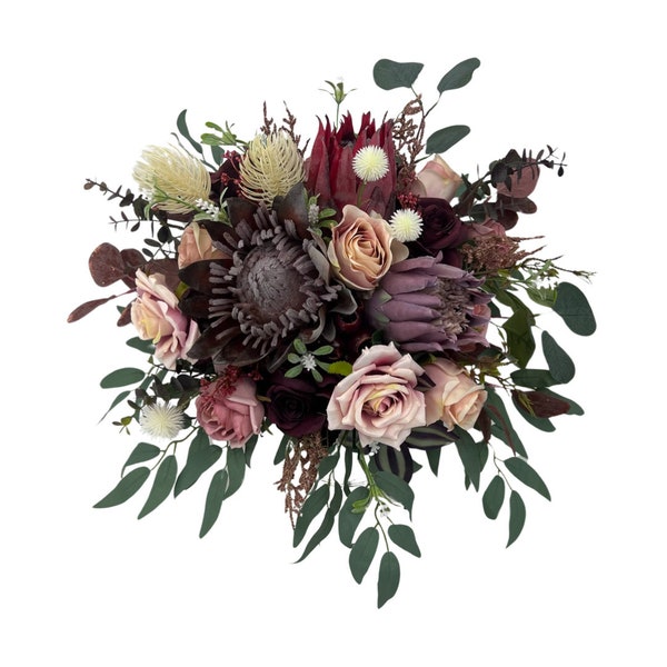 Hand-Tied Artificial Flower DryLook King Protea/Pink Rose Bridal Wedding Bouquet