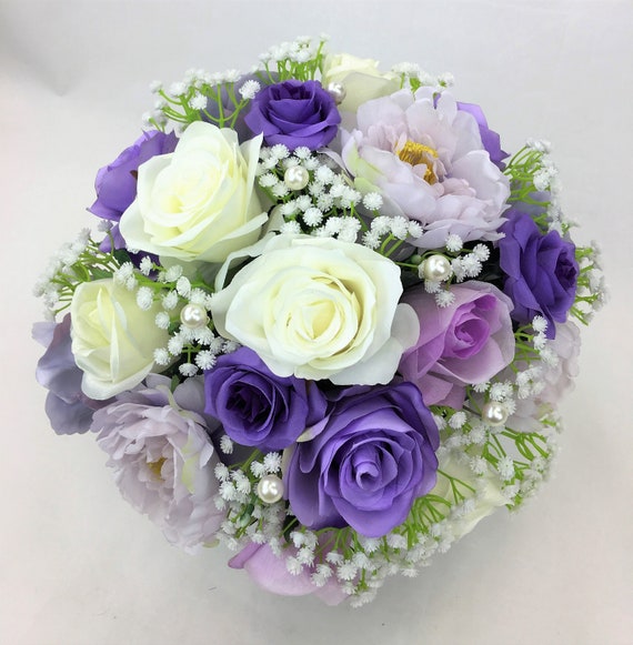 Hand Tied Artificial Flowers Cream Purple Roses Peonies Roses Baby S Breath Flowers With Pearls Bridal Bouquet