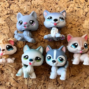 May include: A collection of six colorful toy animal figures, including cats and dogs. The figures are in various poses and colors, with large eyes and playful expressions. The toys are set against a textured, brown background.
