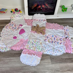 Baby quilt, pink,rainbows, baby gift, bear quilt, bear blanket,nursery, baby shower, baby girl, baby boy, baby registry