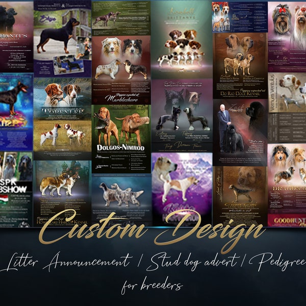 CUSTOM Graphic Design for breeders | stud dog | planned litter announcement | dog presentation | kennel design | advertise flyer design