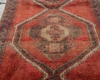 46" x 131" Vintage Konya Turkish runner , thick, heavy wool, 3-Medallion, primitive design