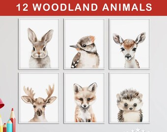 Forest Baby Animals Art Prints, Woodland Nursery Decor, Baby Room Playroom Wall Art, Watercolor Baby Animal Prints, Newborn Baby Shower