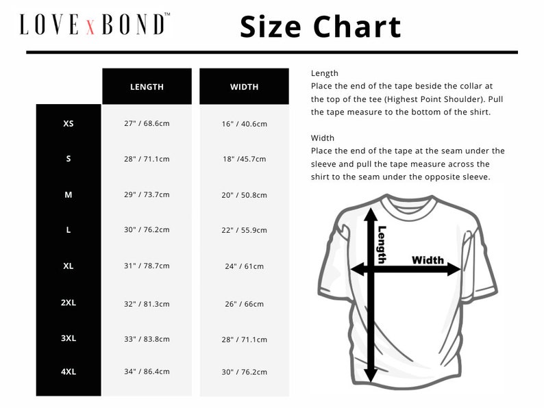 May include: Size chart for t-shirts with measurements in inches and centimeters. The chart shows the length and width of the shirt for sizes XS to 4XL.