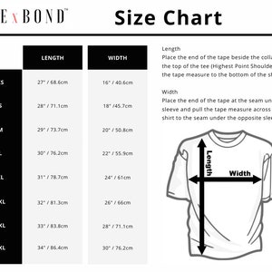May include: Size chart for t-shirts with measurements in inches and centimeters. The chart shows the length and width of the shirt for sizes XS to 4XL.