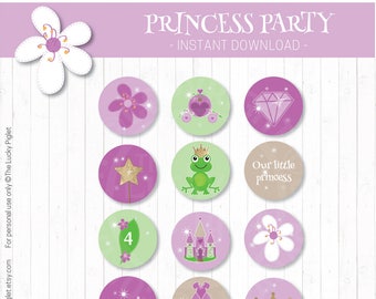 PRINCESS CUPCAKE TOPPERS, princess birthday, princess party, cake topper, cupcake topper, party circles | Instant Download, Edit Text