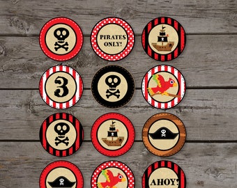 Pirate party circles, pirate party cupcake toppers, pirate party decor - Instant download. Edit at home using Adobe Reader
