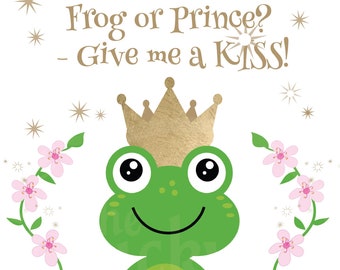 Pin the kiss on the frog princess birthday party game.  Cute princess decorations, white kiss the frog, for birthday and baby showers