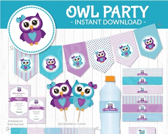 OWL BIRTHDAY INVITATION and Party Decoration. Full Printable Owl Party Package. Purple and teal | Instant Download, Edit Text Adobe Reader