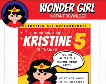 Wonder girl birthday party invitations for superhero party. Printable super girl birthday invites  | Instant download pdf. Edit text.