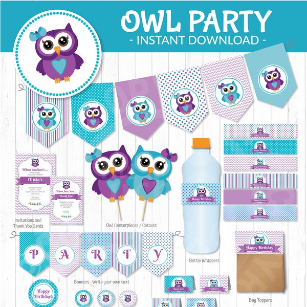 OWL BIRTHDAY INVITATION and Party Decoration. Full Printable Owl Party Package. Purple and teal | Instant Download, Edit Text Adobe Reader