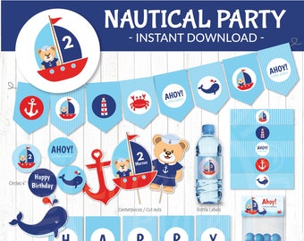 NAUTICAL BIRTHDAY INVITATION and Party Decoration. Full Printable Nautical Party Package  | Instant Download, Edit Text Adobe Reader