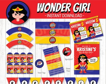 Wonder Girl Birthday Party Invitation and Decoration. Full printable package. Superhero party | Instant download. Edit text print at home