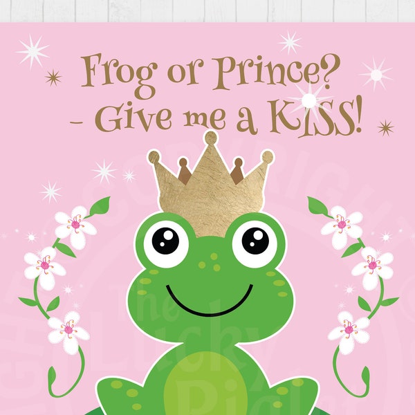 Pin the kiss on the frog princess birthday party game.  Cute princess decorations, pink kiss the frog, for birthday and baby showers