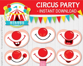 ZIRKUS PARTY Photo Booth Requisiten | Zirkus Party Photobooth Requisiten, Lustige Clown Gesichter, Lustige Clown Hüte | Sofort Download