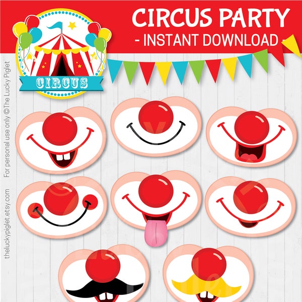 ZIRKUS PARTY Photo Booth Requisiten | Zirkus Party Photobooth Requisiten, Lustige Clown Gesichter, Lustige Clown Hüte | Sofort Download