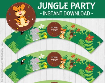 JUNGLE CUPCAKE WRAPPERS, Jungle party decoration, Jungle birthday printables, Jungle Wrappers | Instant download. Edit text in Adobe Reader