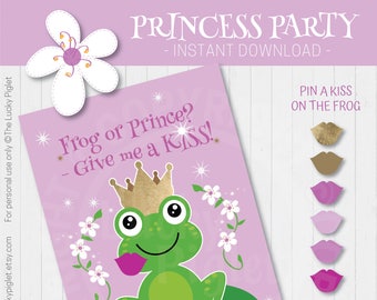 Pin the kiss on the frog princess birthday party game pink. Cute princess decorations, pink kiss the frog, for birthday and baby showers