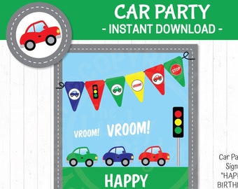 CAR PARTY SIGN, race cars birthday decoration, printable vehicle signs, happy birthday | Instant download, edit text and print at home