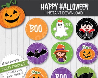 HALLOWEEN PARTY CIRCLES, Cute Halloween Party Decoration,  Halloween Printables, 2.75 inches big | Instant Download, Non Editable
