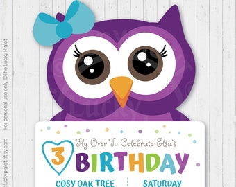 OWL INVITATION, purple and teal owl invite, printable invitation, owl birthday party invitation, owl theme party | Instant download