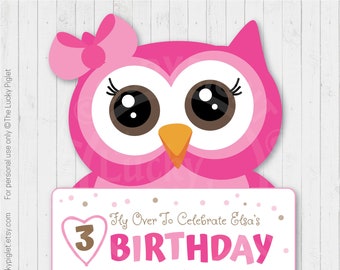 Owl birthday invitations. Printable, pink owl theme party invitation. 1st birthday. Girl invite. | Instant Download. Edit Text.