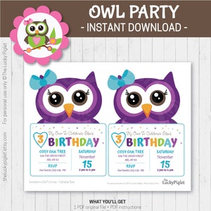 OWL INVITATION, purple and teal owl invite, printable invitation, owl birthday party invitation, owl theme party Instant download image 2