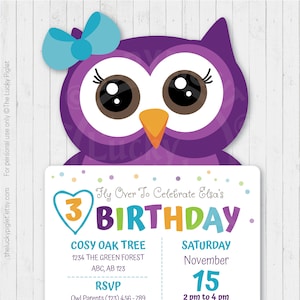 OWL INVITATION, purple and teal owl invite, printable invitation, owl birthday party invitation, owl theme party Instant download image 1