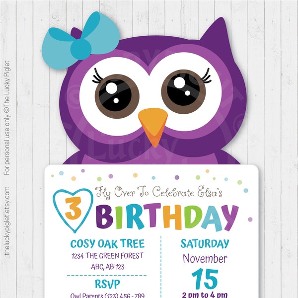 INVITATION DE CHOUETTE, invitation de hibou violet et bleu sarcelle, invitation imprimable, invitation de fête d'anniversaire de hibou, fête à thème de hibou | Téléchargement instantané