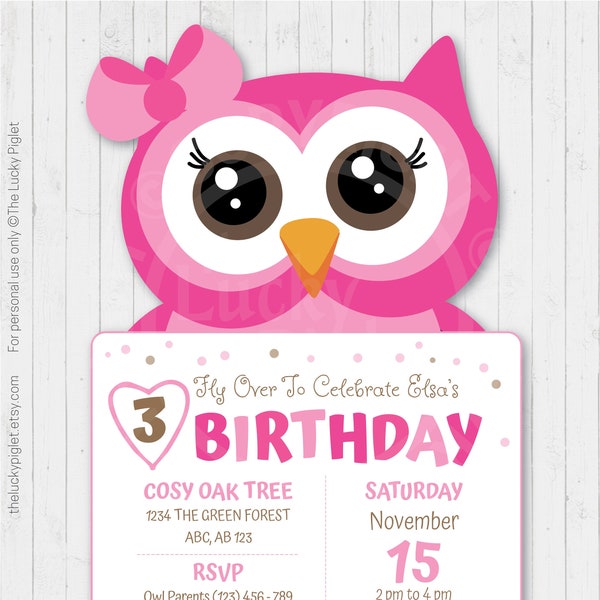 Owl birthday invitations. Printable, pink owl theme party invitation. 1st birthday. Girl invite. | Instant Download. Edit Text.