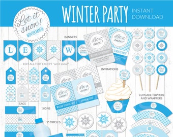 WINTER PARTY Decor, Winter Party Invitation, Frozen Party, Printable Winter Party Package | Instant Download, Edit Text in Adobe Reader