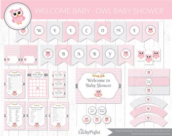 Cute Owl Baby Shower Decorations in this Pink Owl Package. Pink and Printable Welcome Baby for Baby Shower | Instant download. No text edit