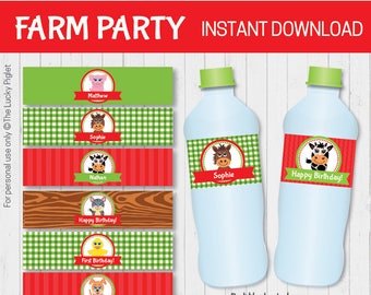 FARM BOTTLE WRAPPER, Barnyard Birthday Party Bottle Wrapper -  Instant Download, Edit Text in Adobe Reader