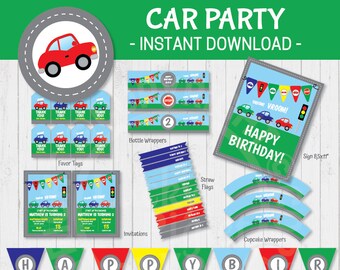 RACE CAR PARTY Invitation & Decorations, Race Car Party Printable Party Package, Car Birthday | Instant Download, Edit Text, Adobe Reader