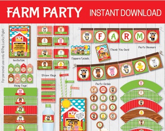 FARM BIRTHDAY INVITATION and Party Decoration - Full Printable Barnyard Party Package – Instant Download, Edit Text in Adobe Reader
