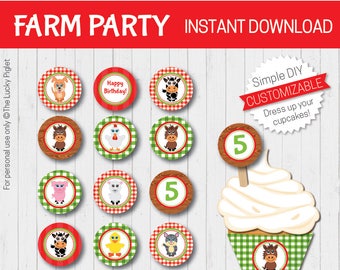 CAKE TOPPERS, Barnyard Party Topper, Farm Birthday Decorations Farm Party Cupcake Toppers | Instant Download. Edit Text in Adobe Reader