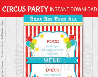 CIRCUS PARTY MENU for Circus Birthday Party or Circus Baby Shower, Circus Party Decoration -  Instant Download. Edit Text Adobe Reader