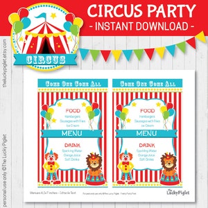 CIRCUS PARTY MENU for Circus Birthday Party or Circus Baby Shower, Circus Party Decoration Instant Download. Edit Text Adobe Reader image 2