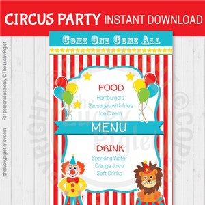 CIRCUS PARTY MENU for Circus Birthday Party or Circus Baby Shower, Circus Party Decoration Instant Download. Edit Text Adobe Reader image 1