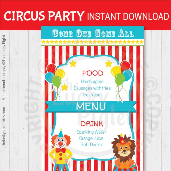 CIRCUS PARTY MENU for Circus Birthday Party or Circus Baby Shower, Circus Party Decoration -  Instant Download. Edit Text Adobe Reader