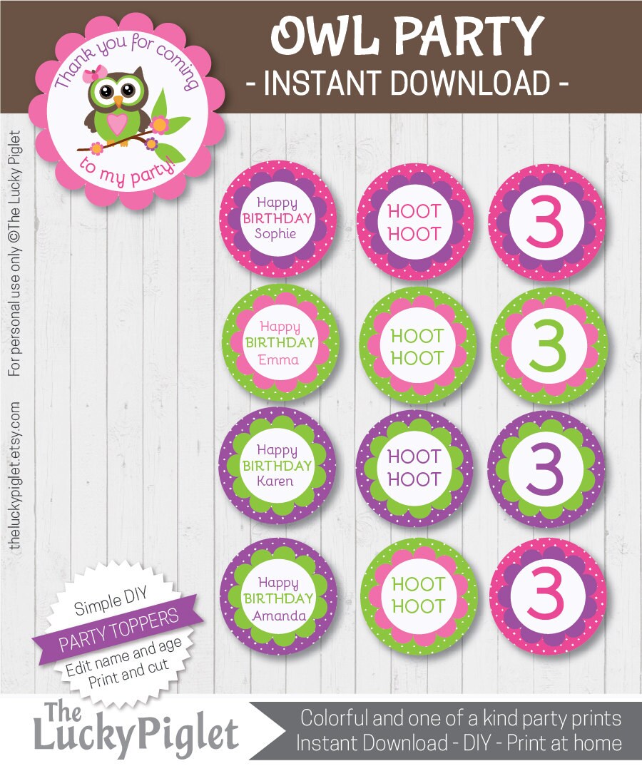 Owl Cupcake Toppers. Printable Owl Party Circles for Owl Birthday and ...