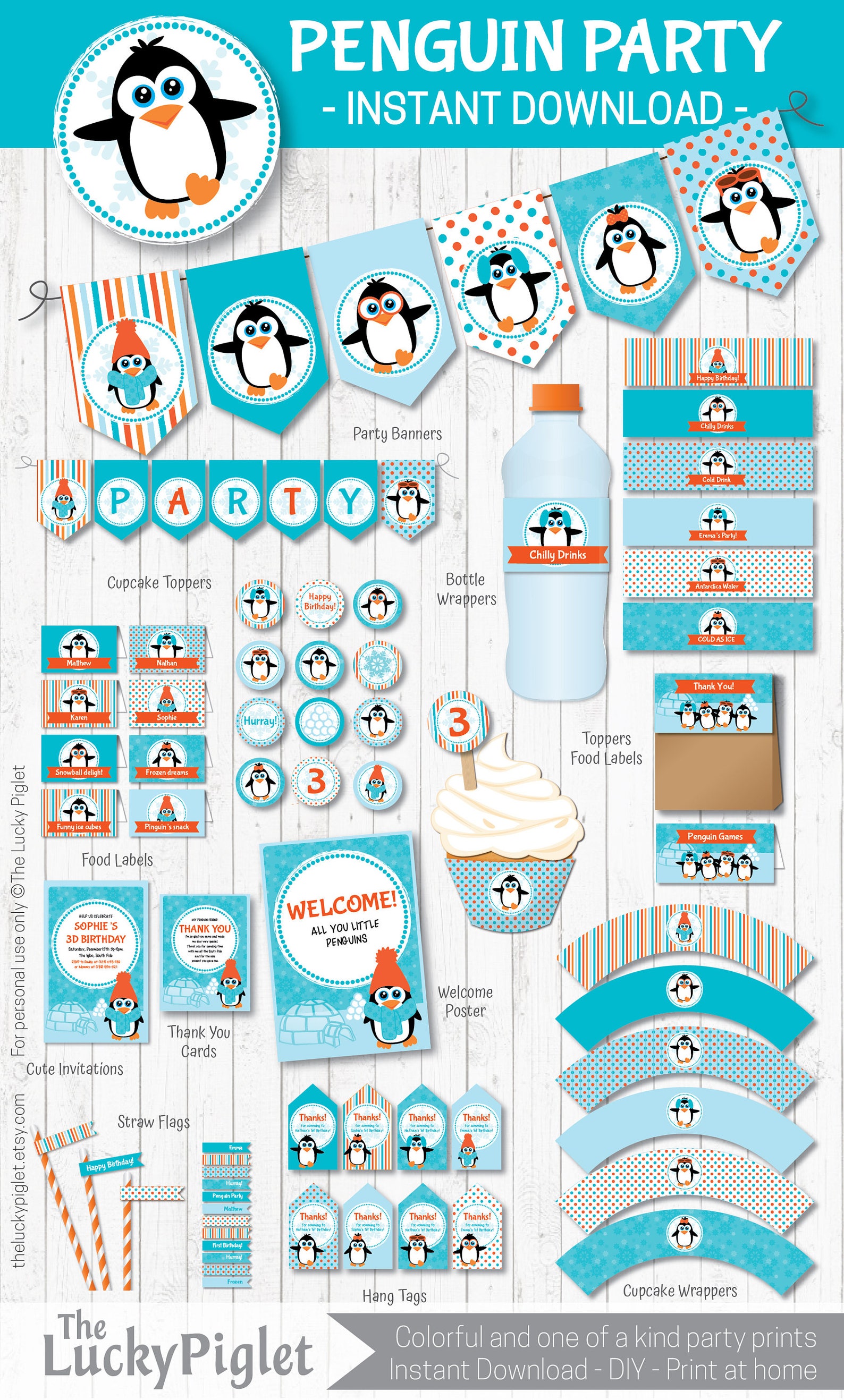 PENGUIN BIRTHDAY INVITATION and Party Decoration Full Printable Penguin Party Package Instant ...