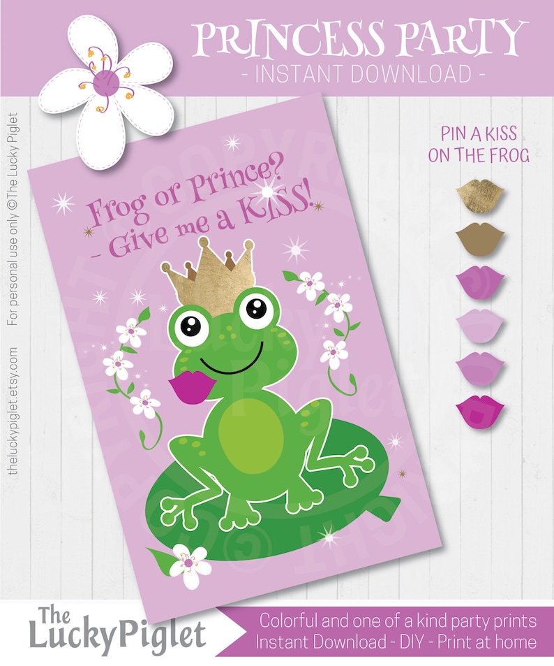 Pin the kiss on the frog princess birthday party game pink. Cute princess decorations, pink kiss the frog, for birthday and baby showers image 1