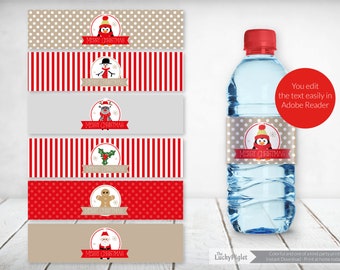 Christmas Water Bottle Labels. Printable Christmas Party Decoration. Merry Christmas Bottle Wrappers  | Instant Download