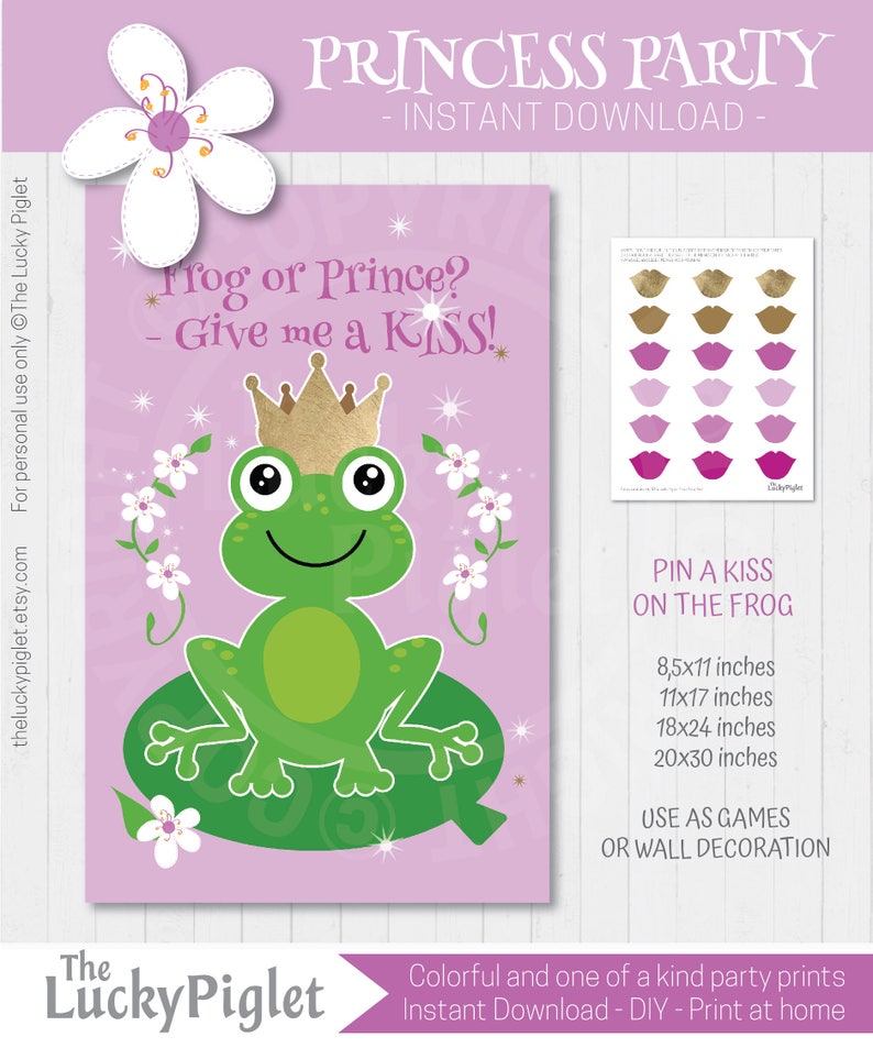 Pin the kiss on the frog princess birthday party game pink. Cute princess decorations, pink kiss the frog, for birthday and baby showers image 2