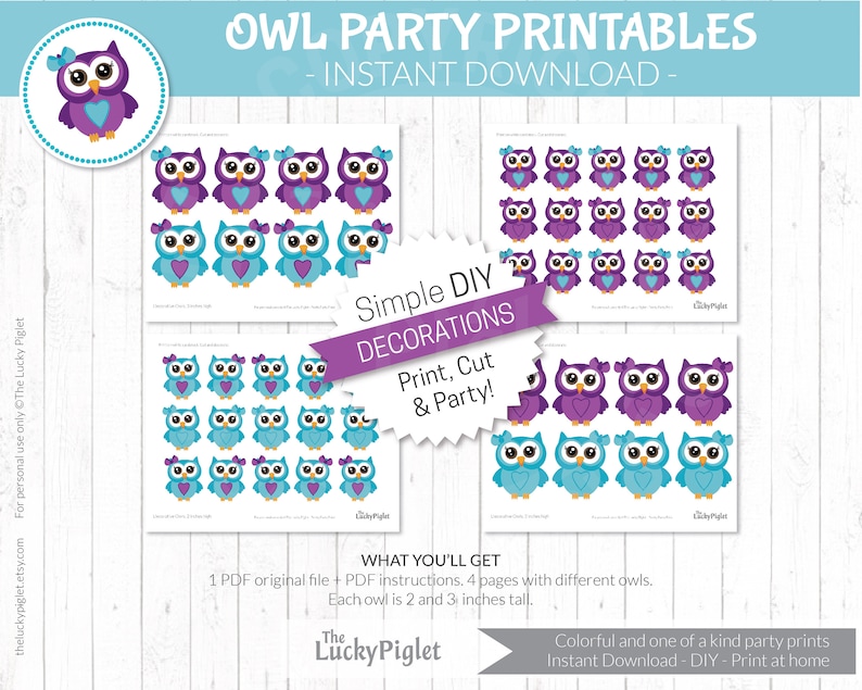 OWL CUPCAKE TOPPERS in Purple and Teal, Printable Owl Decorations for ...