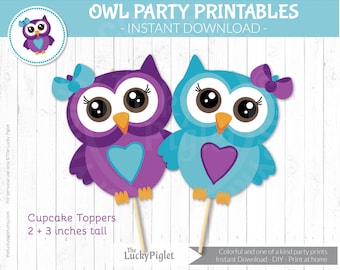 OWL CUPCAKE TOPPERS in purple and teal, Printable Owl decorations for Owl Birthday Party or Owl Baby Shower | Instant Download