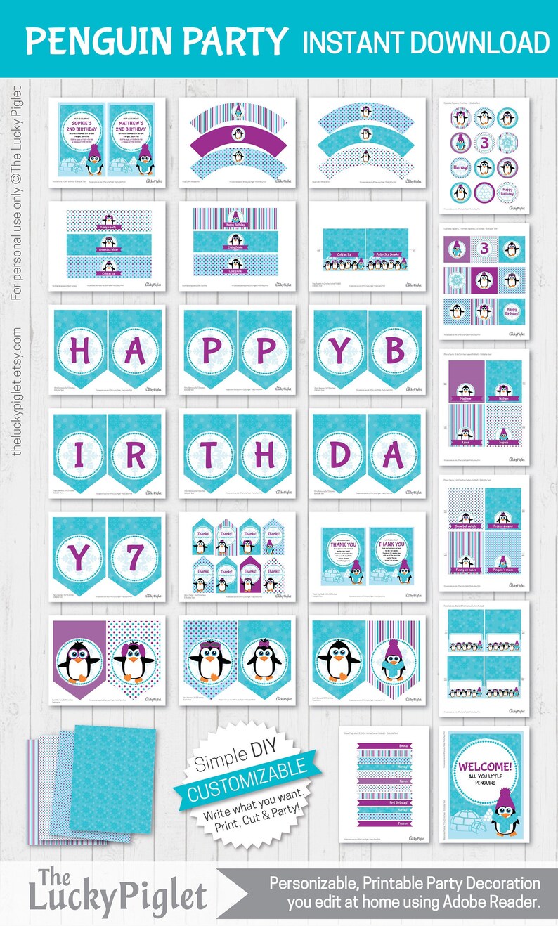 Penguin Birthday Invitation and Party Decoration Purple and - Etsy